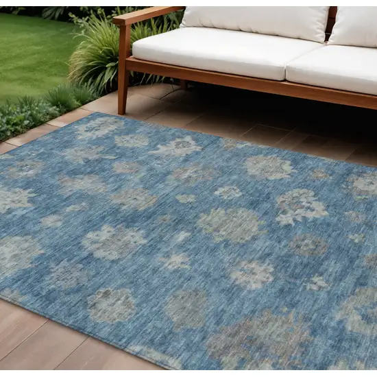 Denim Blue And Gray Floral Washable Indoor Outdoor Area Rug Photo 1