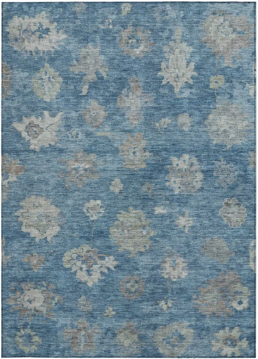 Denim Blue And Gray Floral Washable Indoor Outdoor Area Rug Photo 5