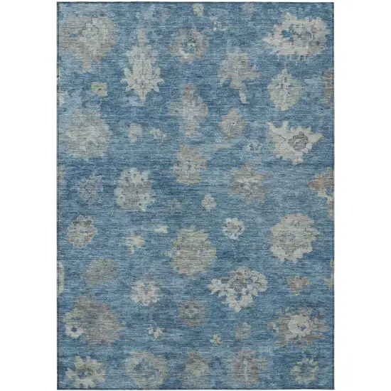Denim Blue And Gray Floral Washable Indoor Outdoor Area Rug Photo 2