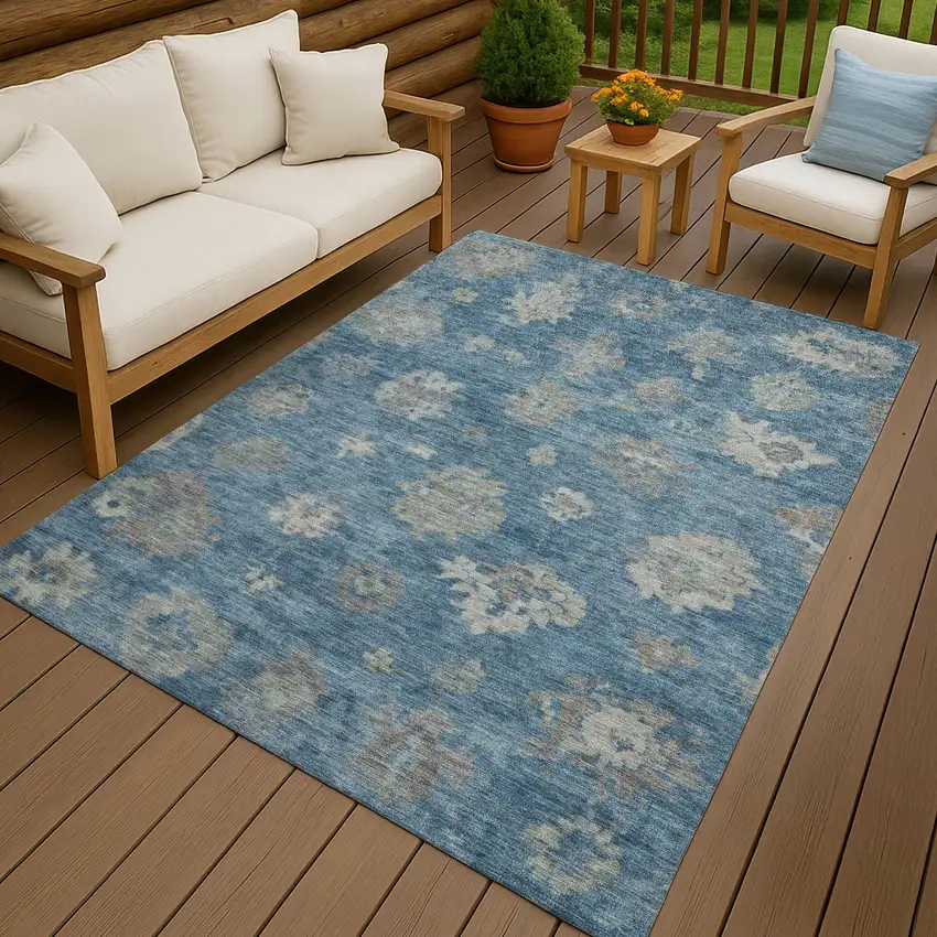 Denim Blue And Gray Floral Washable Indoor Outdoor Area Rug Photo 9