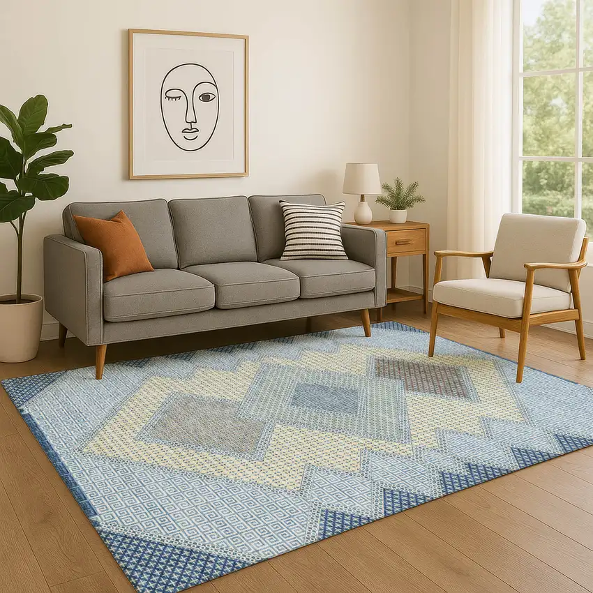 Denim Blue And Gray Geometric Washable Area Rug With UV Protection Photo 5