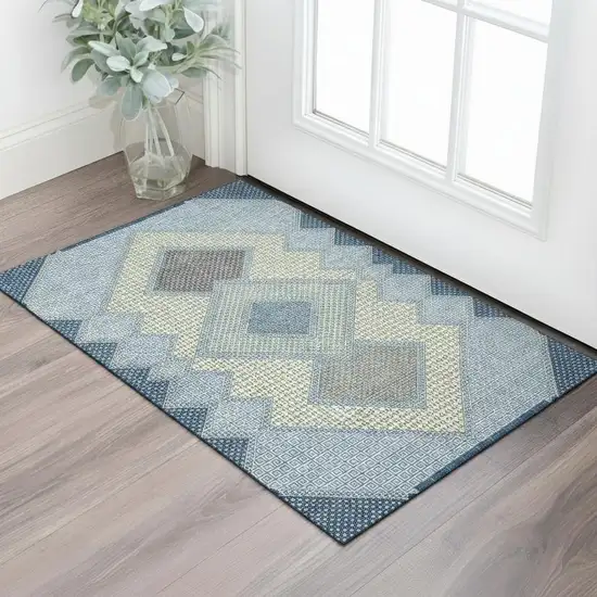 Denim Blue And Gray Geometric Washable Area Rug With UV Protection Photo 2