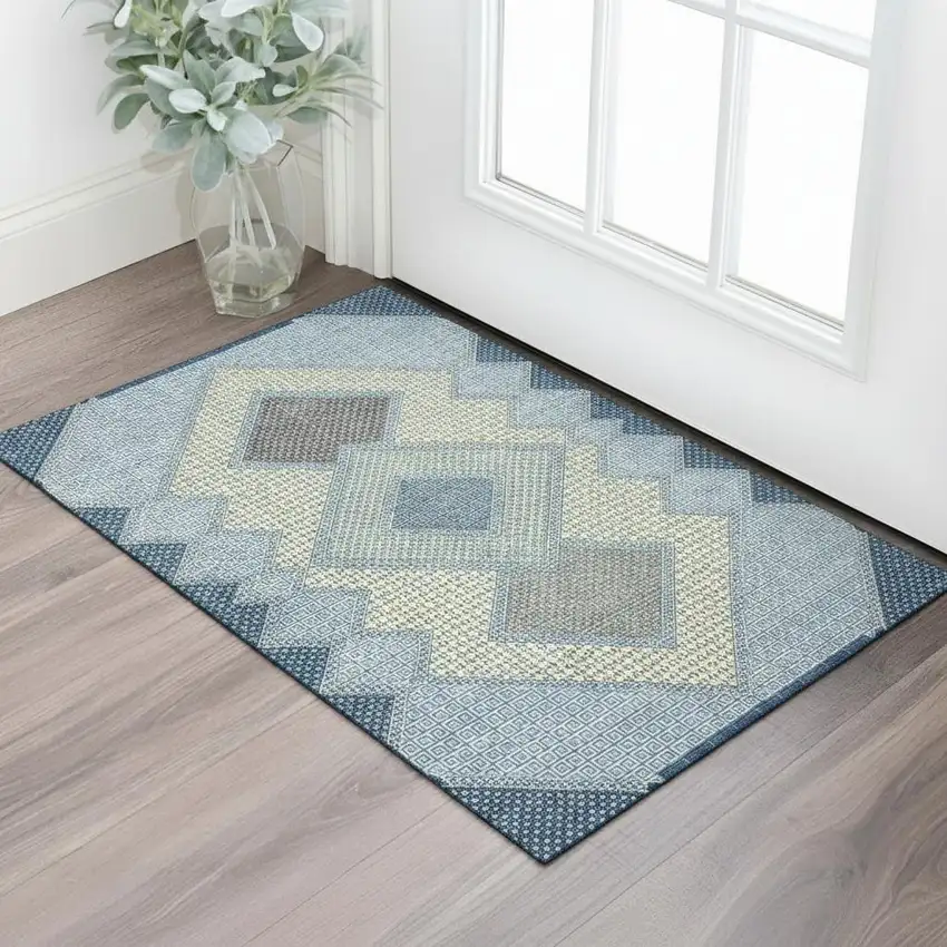 Denim Blue And Gray Geometric Washable Area Rug With UV Protection Photo 2