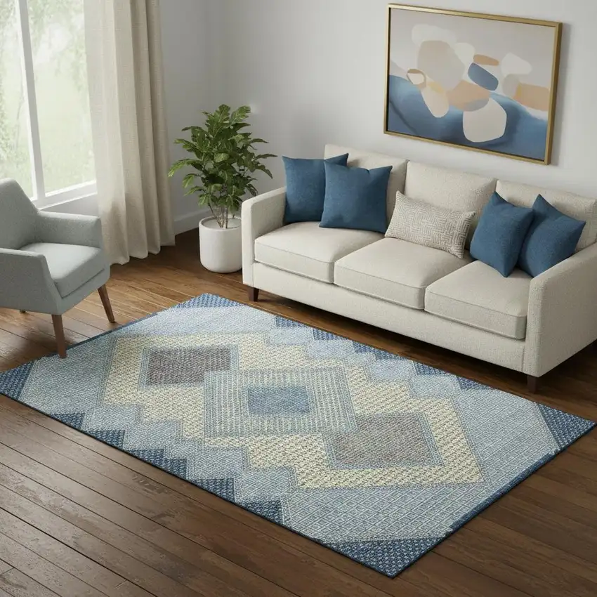 Denim Blue And Gray Geometric Washable Area Rug With UV Protection Photo 2