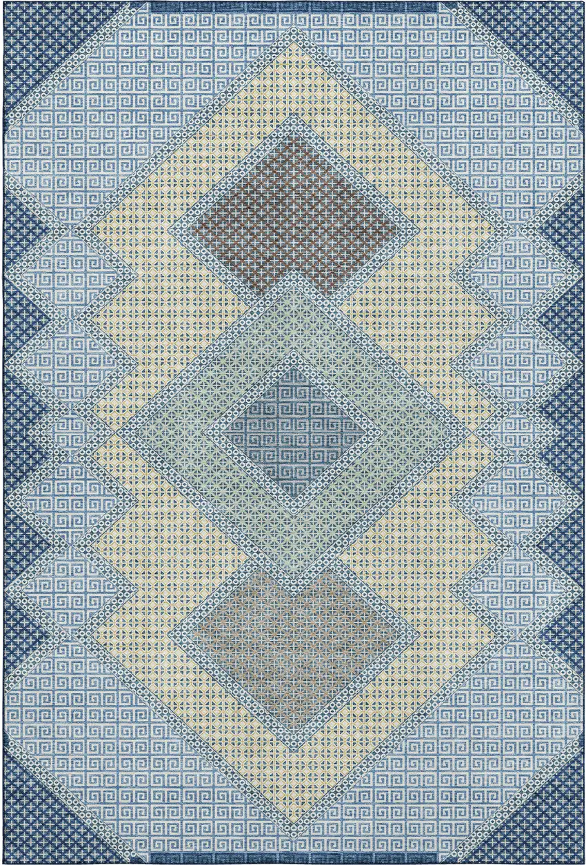 Denim Blue And Gray Geometric Washable Area Rug With UV Protection Photo 1