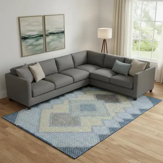 Denim Blue And Gray Geometric Washable Area Rug With UV Protection Photo 2