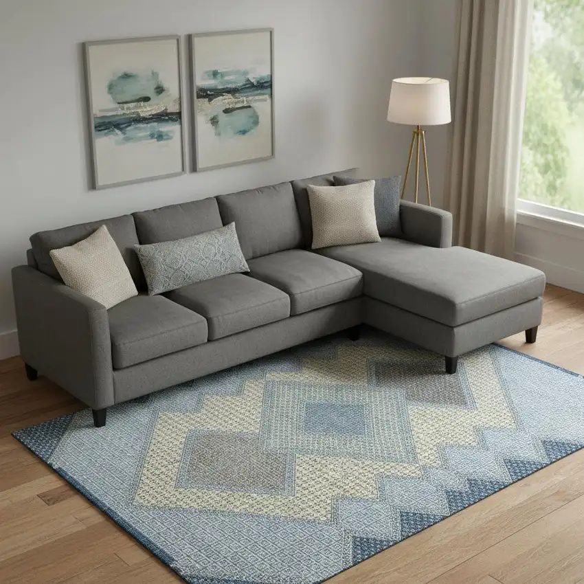 Denim Blue And Gray Geometric Washable Area Rug With UV Protection Photo 2