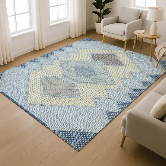 Denim Blue And Gray Geometric Washable Area Rug With UV Protection Photo 6