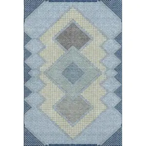 Photo of Denim Blue And Gray Geometric Washable Area Rug With UV Protection