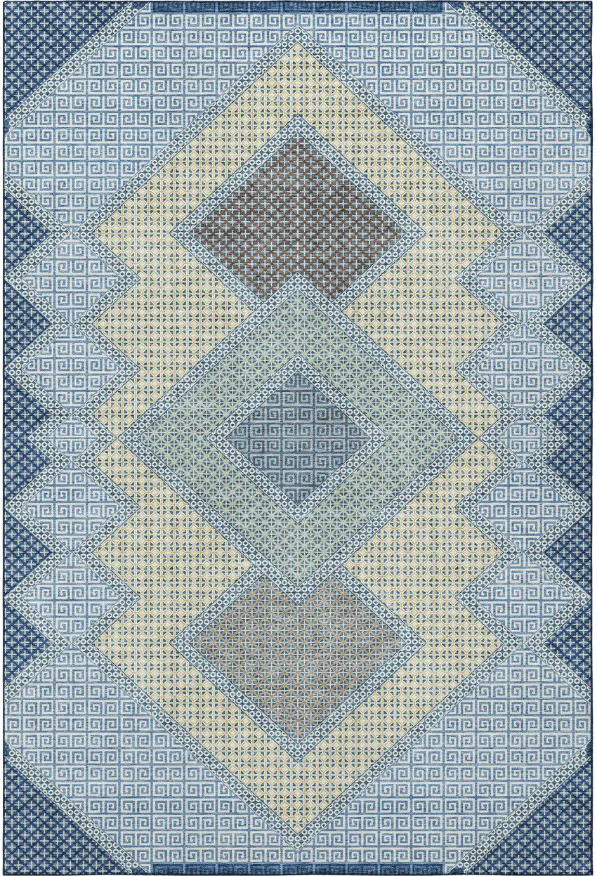 Denim Blue And Gray Geometric Washable Area Rug With UV Protection Photo 4