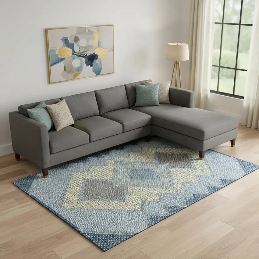 Denim Blue And Gray Geometric Washable Area Rug With UV Protection Photo 2