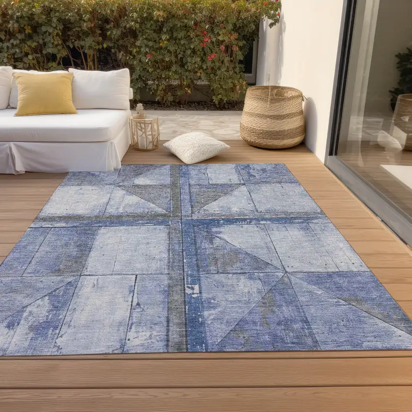 Denim Blue And Gray Geometric Washable Indoor Outdoor Area Rug Photo 7