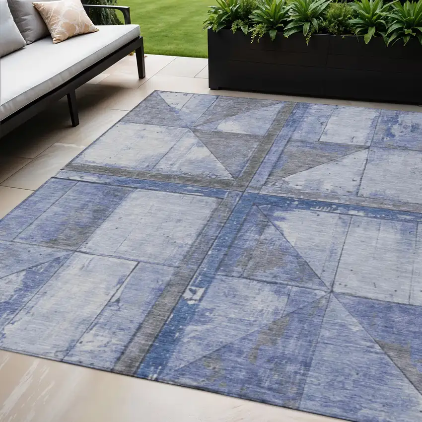 Denim Blue And Gray Geometric Washable Indoor Outdoor Area Rug Photo 2