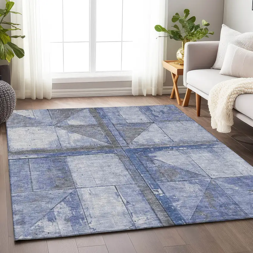 Denim Blue And Gray Geometric Washable Indoor Outdoor Area Rug Photo 5