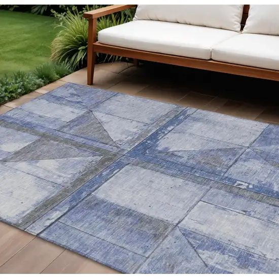 Denim Blue And Gray Geometric Washable Indoor Outdoor Area Rug Photo 2