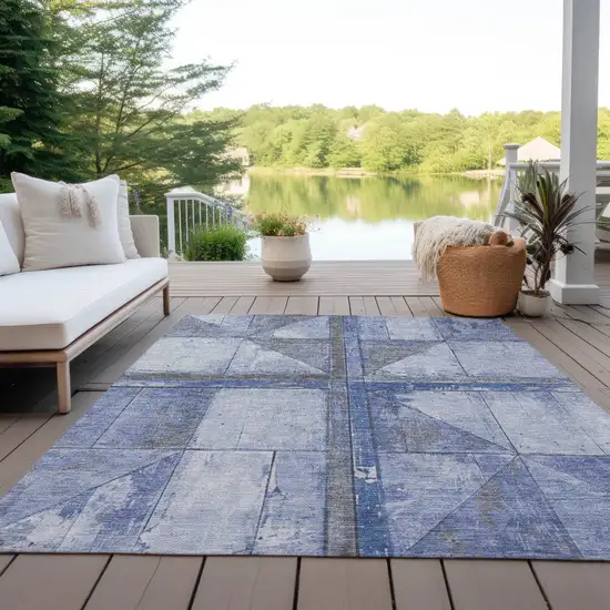 Denim Blue And Gray Geometric Washable Indoor Outdoor Area Rug Photo 3