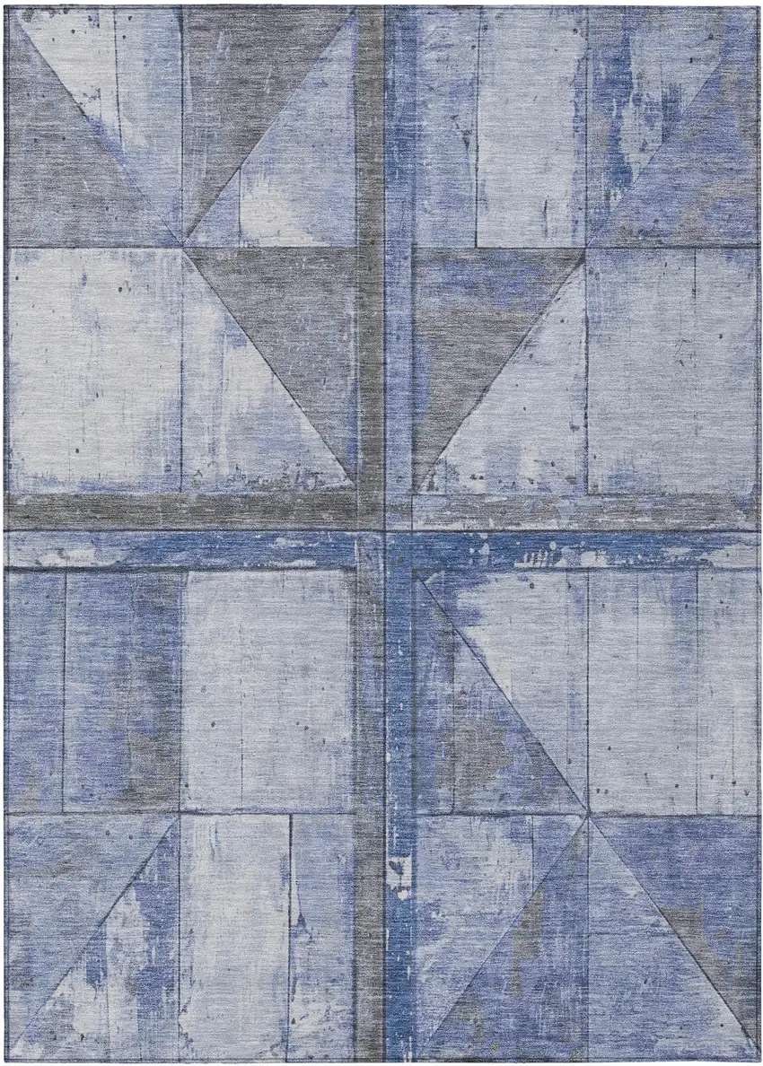 Denim Blue And Gray Geometric Washable Indoor Outdoor Area Rug Photo 7