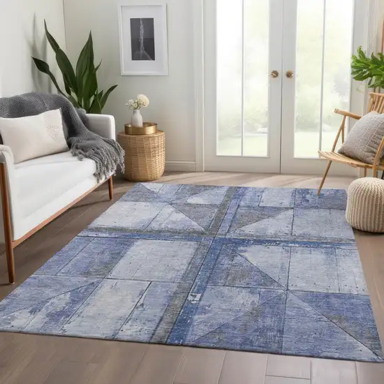 Denim Blue And Gray Geometric Washable Indoor Outdoor Area Rug Photo 5