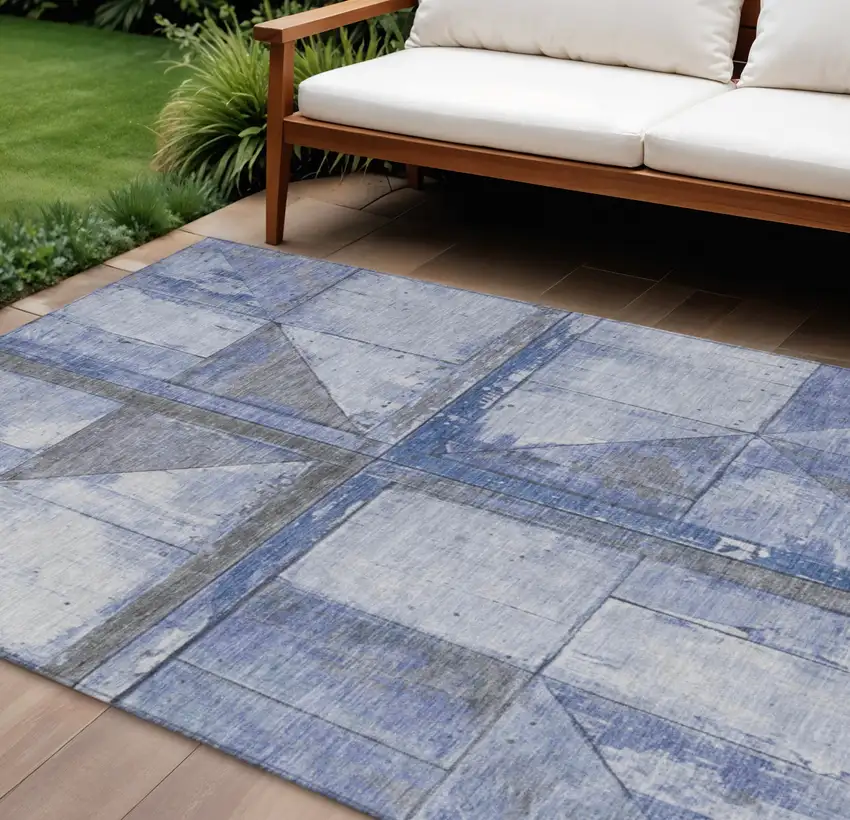 Denim Blue And Gray Geometric Washable Indoor Outdoor Area Rug Photo 2
