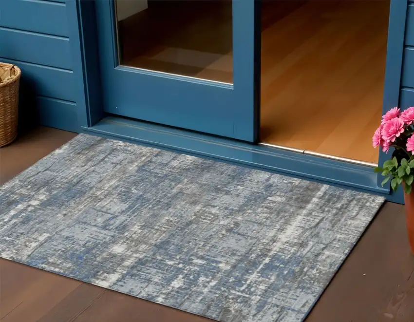 Denim Blue And Gray Geometric Washable Indoor Outdoor Area Rug Photo 2