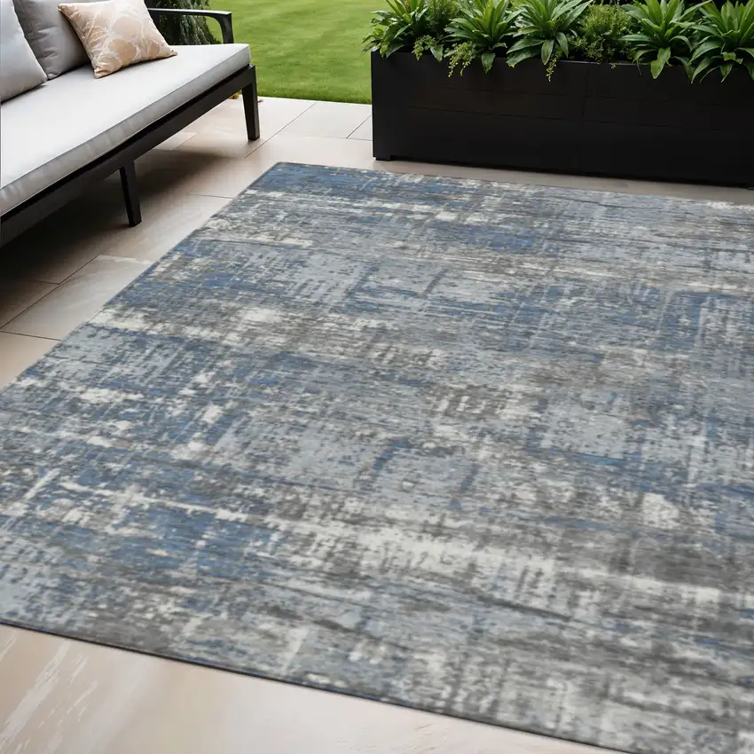 Denim Blue And Gray Geometric Washable Indoor Outdoor Area Rug Photo 2