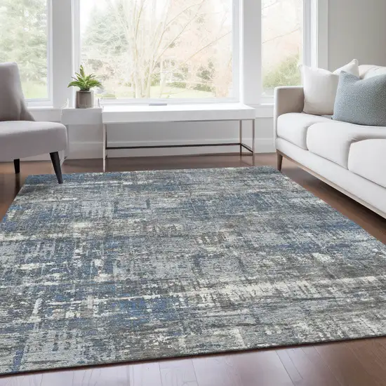 Denim Blue And Gray Geometric Washable Indoor Outdoor Area Rug Photo 7
