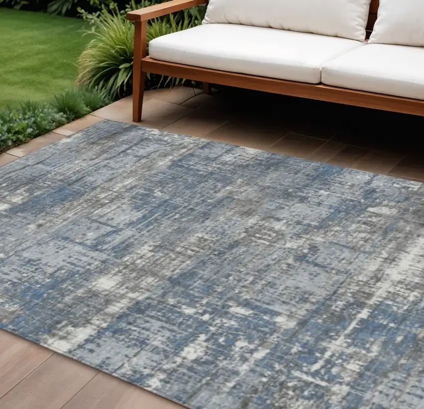 Denim Blue And Gray Geometric Washable Indoor Outdoor Area Rug Photo 2