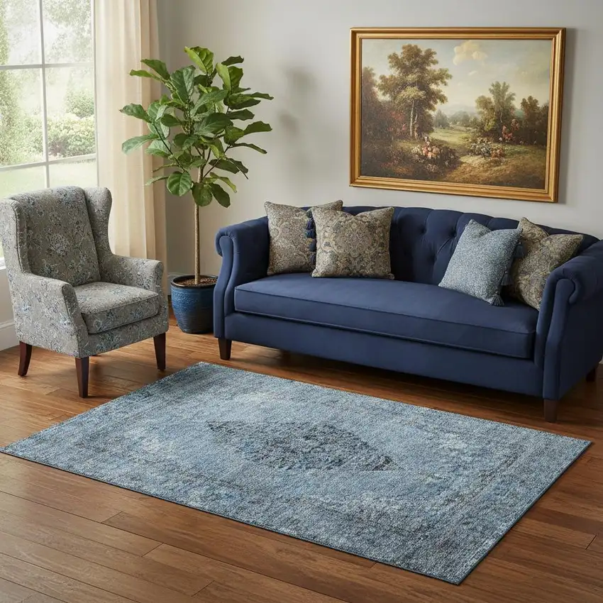 Denim Blue And Gray Medallion Washable Area Rug With UV Protection Photo 2