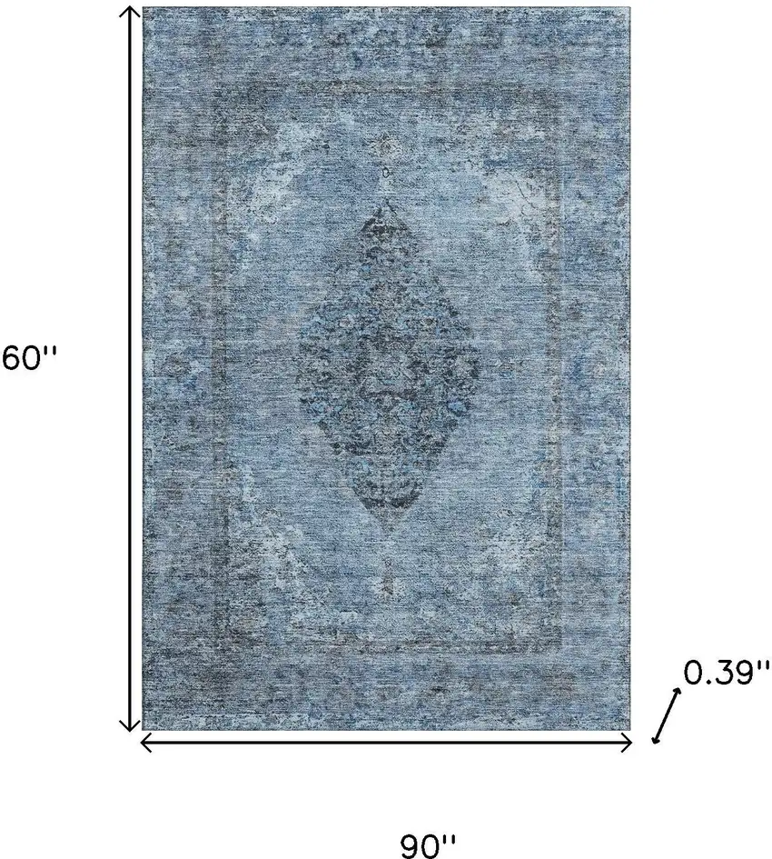 Denim Blue And Gray Medallion Washable Area Rug With UV Protection Photo 9