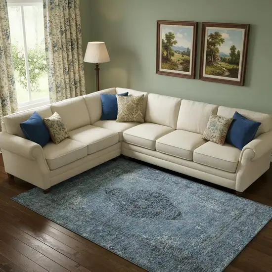 Denim Blue And Gray Medallion Washable Area Rug With UV Protection Photo 2