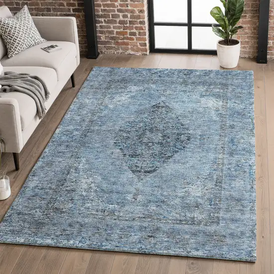 Denim Blue And Gray Medallion Washable Area Rug With UV Protection Photo 5