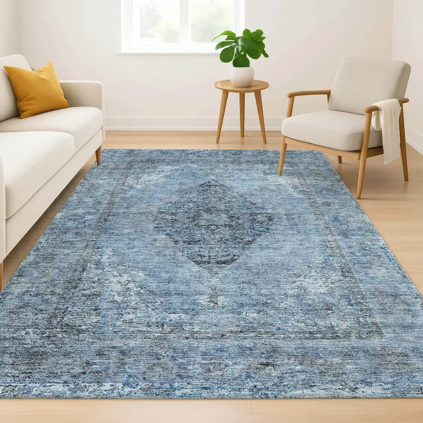 Denim Blue And Gray Medallion Washable Area Rug With UV Protection Photo 6