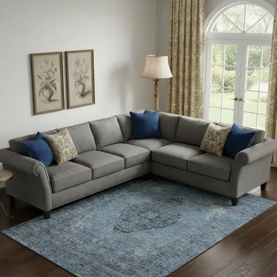 Denim Blue And Gray Medallion Washable Area Rug With UV Protection Photo 2