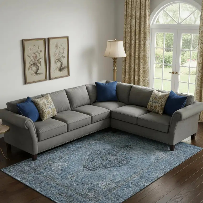 Denim Blue And Gray Medallion Washable Area Rug With UV Protection Photo 2