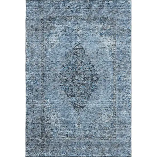 Denim Blue And Gray Medallion Washable Area Rug With UV Protection Photo 1