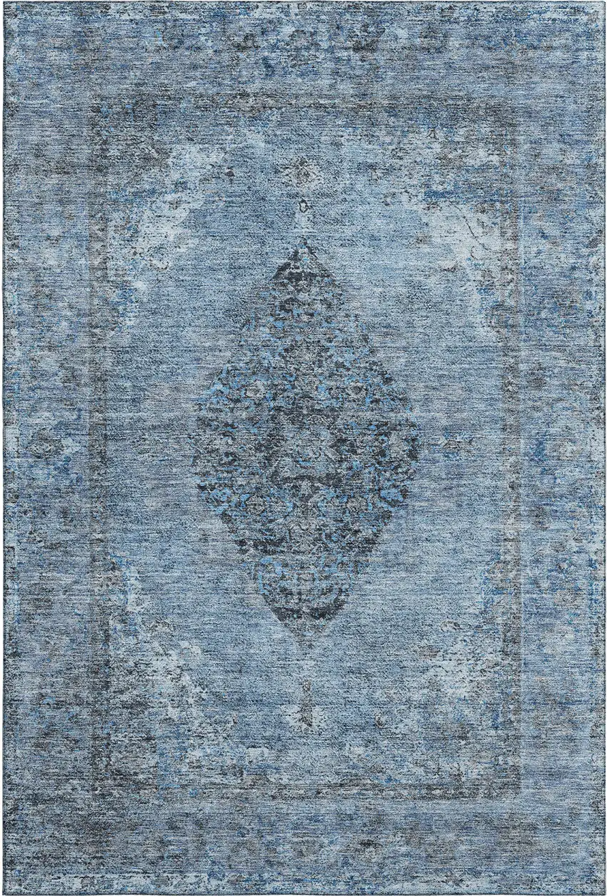 Denim Blue And Gray Medallion Washable Area Rug With UV Protection Photo 1