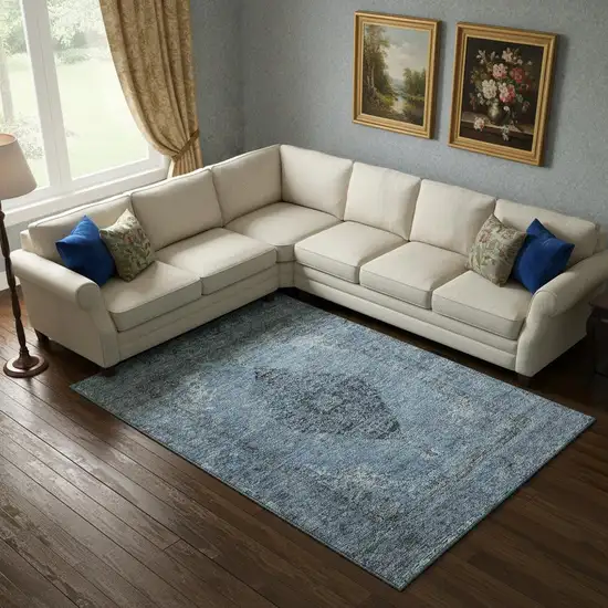 Denim Blue And Gray Medallion Washable Area Rug With UV Protection Photo 2