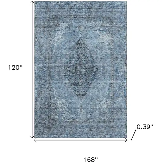 Denim Blue And Gray Medallion Washable Area Rug With UV Protection Photo 9