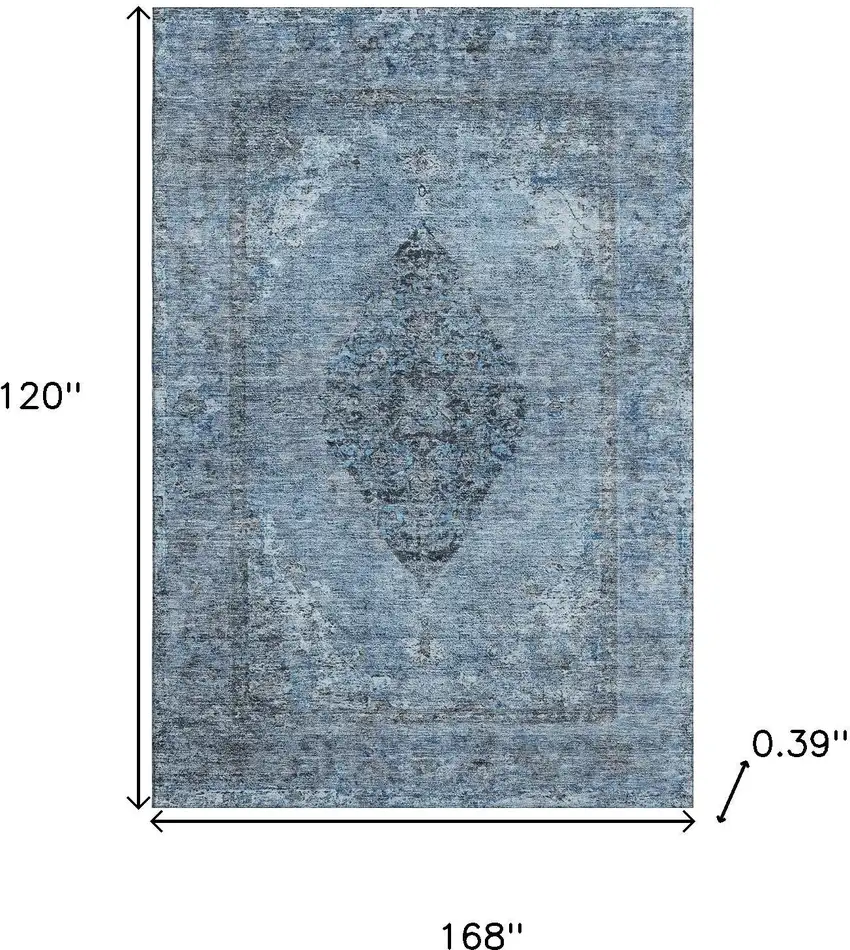 Denim Blue And Gray Medallion Washable Area Rug With UV Protection Photo 9