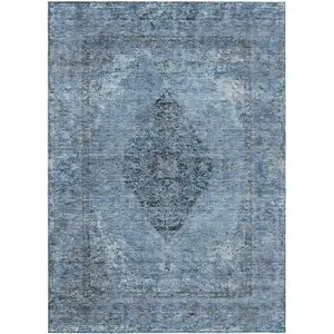 Photo of Denim Blue And Gray Medallion Washable Indoor Outdoor Area Rug