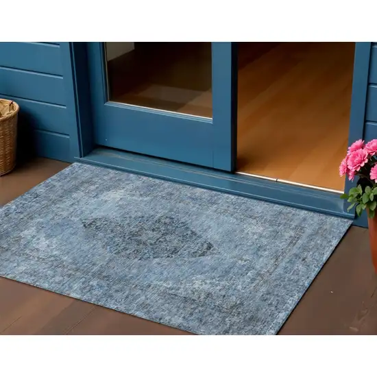 Denim Blue And Gray Medallion Washable Indoor Outdoor Area Rug Photo 2