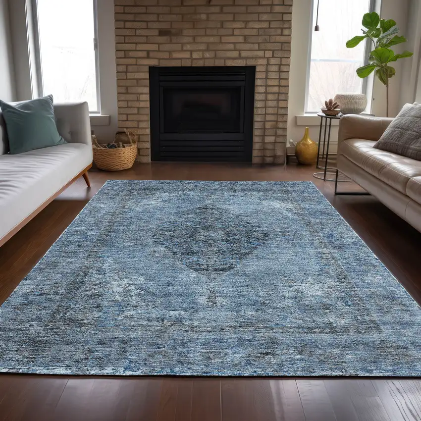 Denim Blue And Gray Medallion Washable Indoor Outdoor Area Rug Photo 7