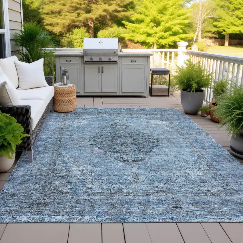 Denim Blue And Gray Medallion Washable Indoor Outdoor Area Rug Photo 5