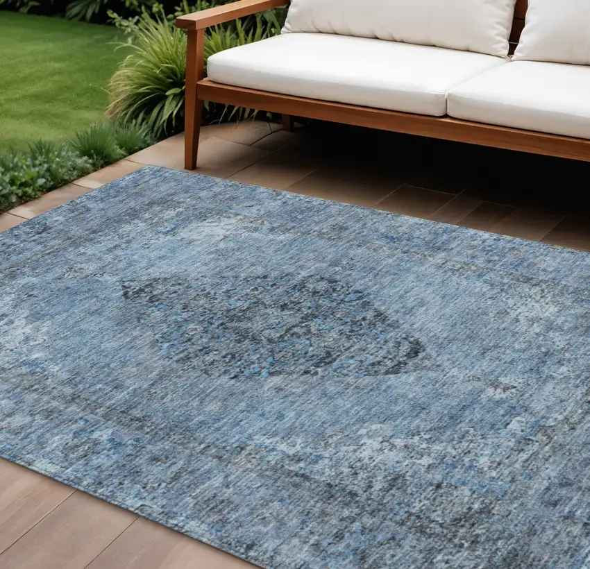 Denim Blue And Gray Medallion Washable Indoor Outdoor Area Rug Photo 2