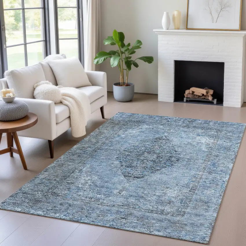 Denim Blue And Gray Medallion Washable Indoor Outdoor Area Rug Photo 6