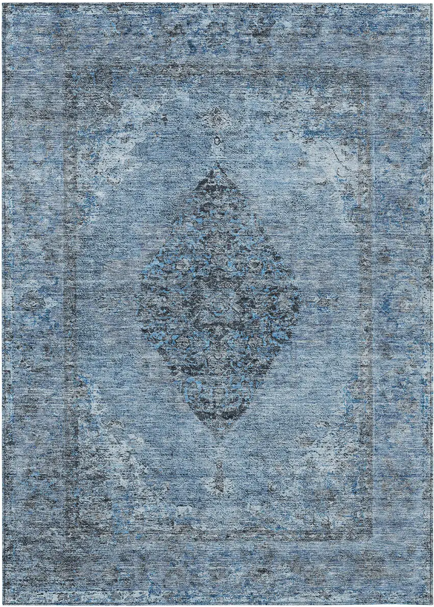 Denim Blue And Gray Medallion Washable Indoor Outdoor Area Rug Photo 1