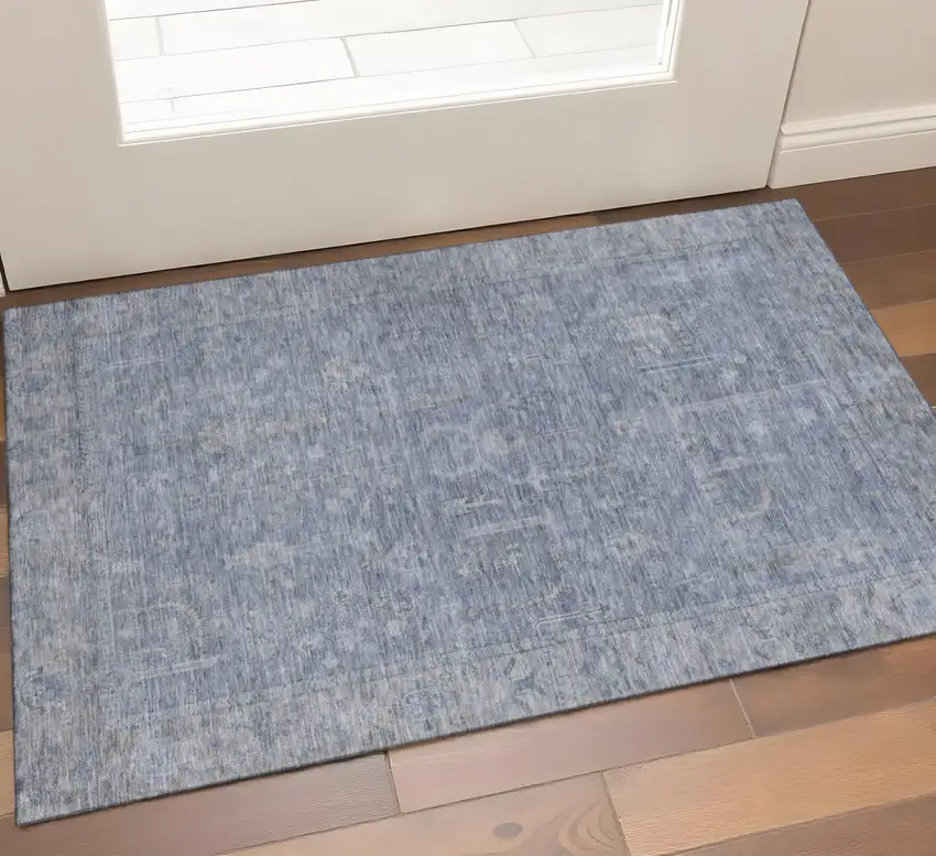 Denim Blue And Gray Oriental Washable Area Rug With UV Protection Photo 1