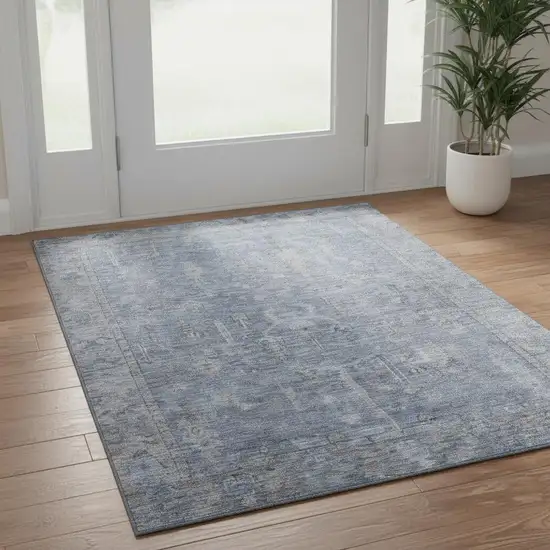 Denim Blue And Gray Oriental Washable Area Rug With UV Protection Photo 2