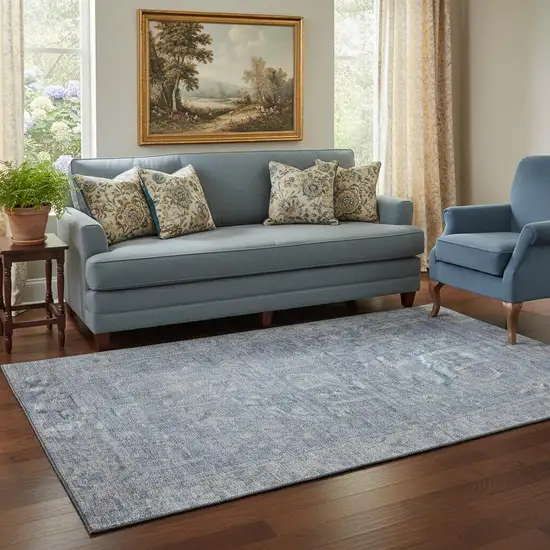 Denim Blue And Gray Oriental Washable Area Rug With UV Protection Photo 2