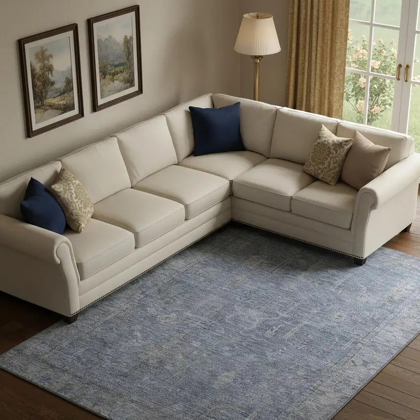 Denim Blue And Gray Oriental Washable Area Rug With UV Protection Photo 2